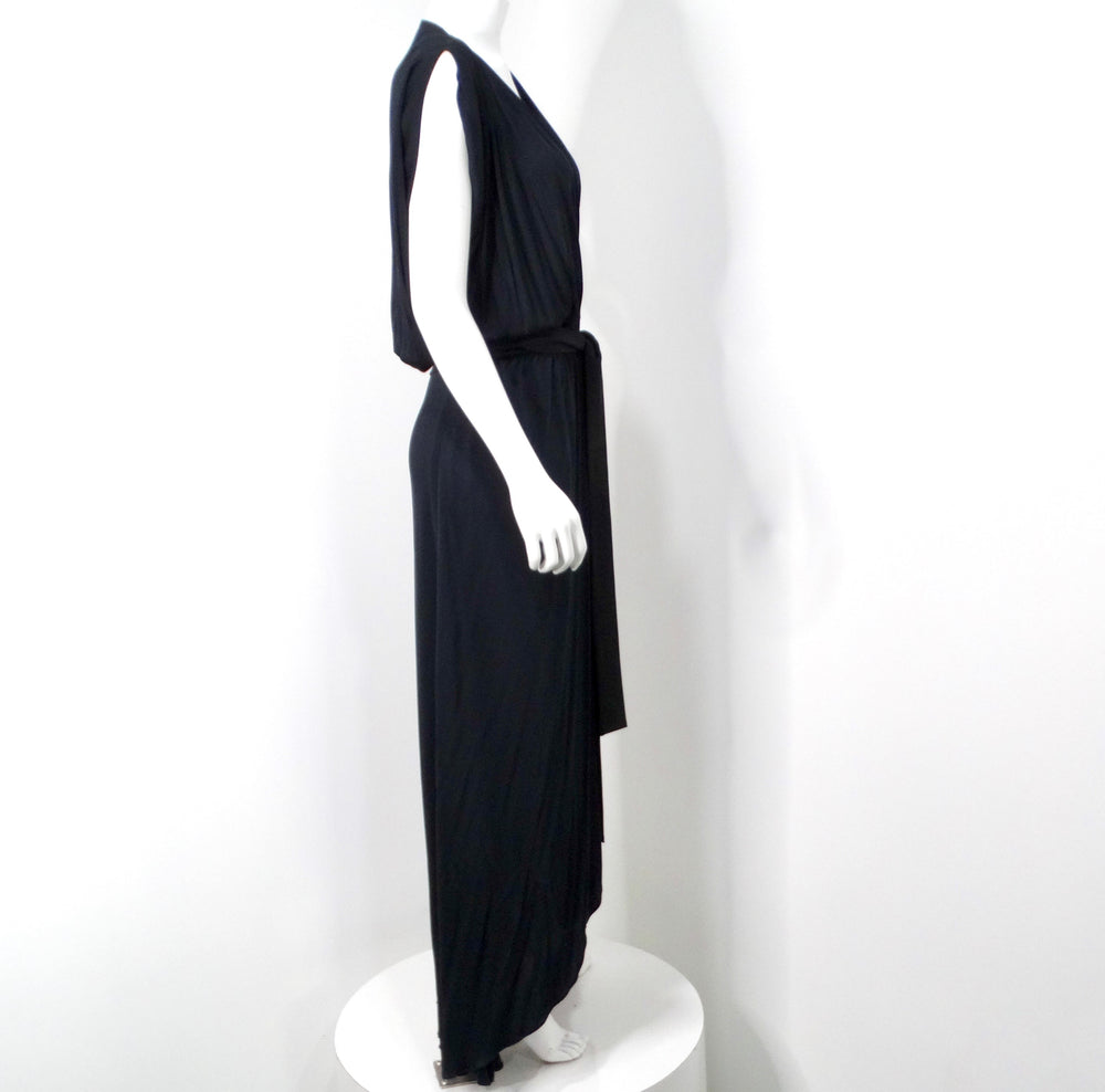 1970s Morty Sussman Black Open Belted Evening Maxi Dress