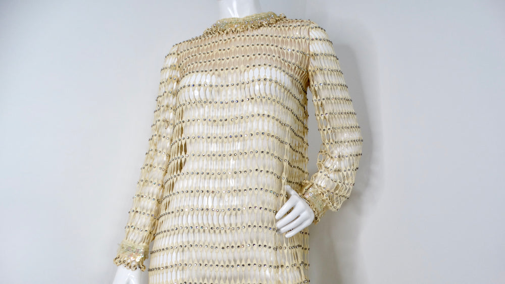 1960s Crochet Rhinestone Cream & Iridescent Long-Sleeve Maxi Dress