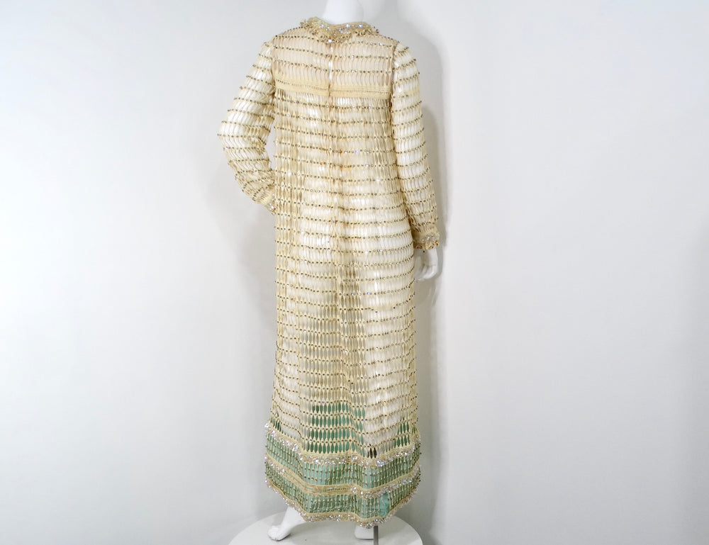 1960s Crochet Rhinestone Cream & Iridescent Long-Sleeve Maxi Dress