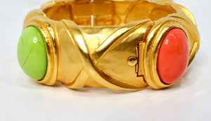 1980s Karl Lagerfeld 18k Gold Plated & Costume Stone Textured Cuff Bracelet