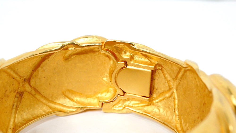 1980s Karl Lagerfeld 18k Gold Plated & Costume Stone Textured Cuff Bracelet