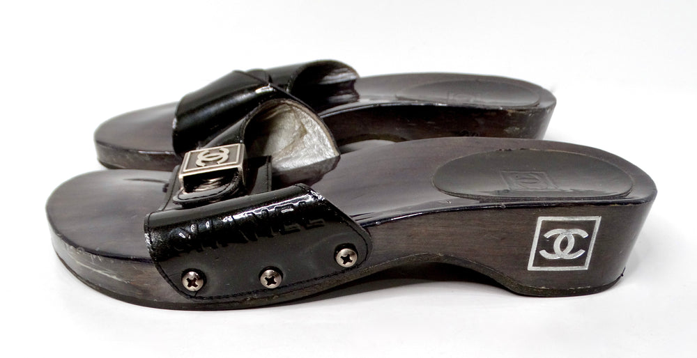 Chanel Black Patent Leather & Wood Clog Slides circa Y2K