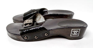 Chanel Black Patent Leather & Wood Clog Slides circa Y2K