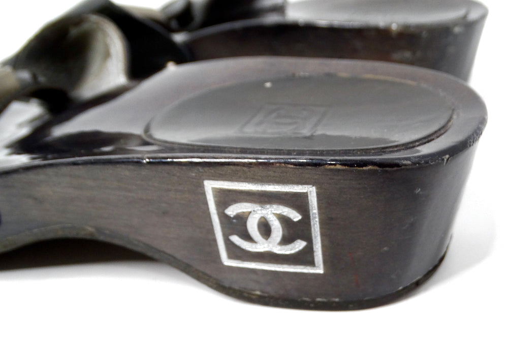 Chanel Black Patent Leather & Wood Clog Slides circa Y2K