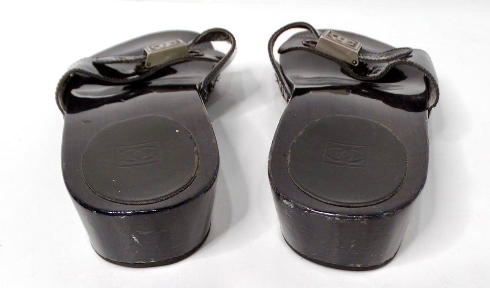 Chanel Black Patent Leather & Wood Clog Slides circa Y2K