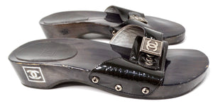 Chanel Black Patent Leather & Wood Clog Slides circa Y2K