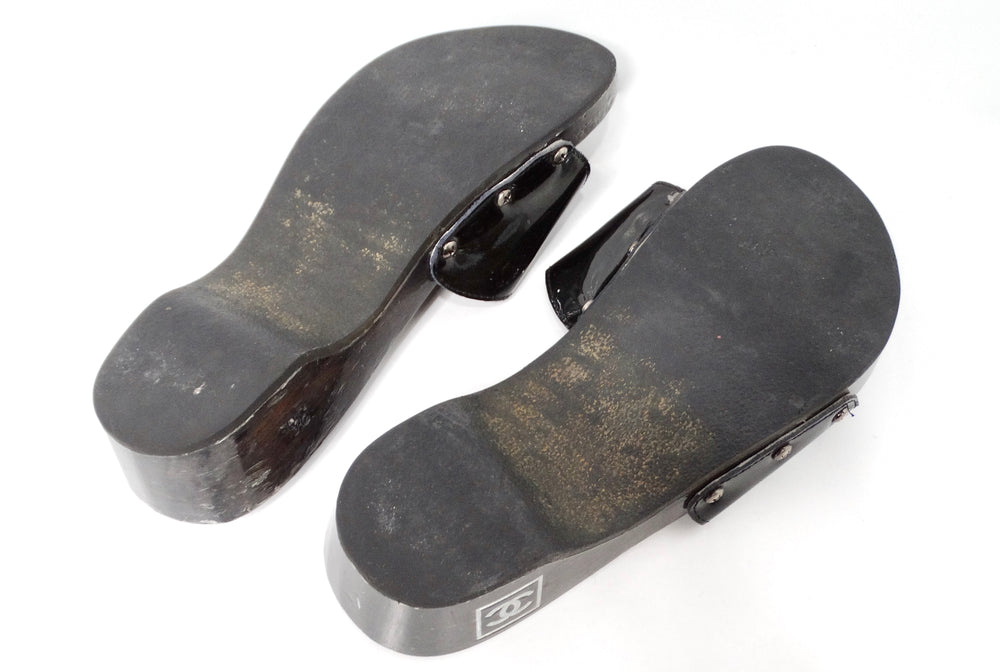 Chanel Black Patent Leather & Wood Clog Slides circa Y2K