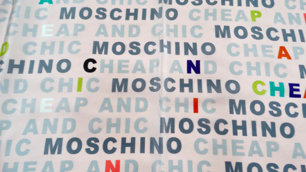 2010 Moschino Cheap & Chic Pink Multicolor Logo Print Silk Scarf