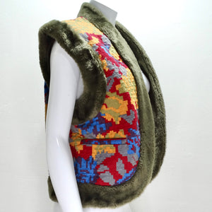 Bis Bis Vintage Faux Fur Lined Quilted Rosette Vest