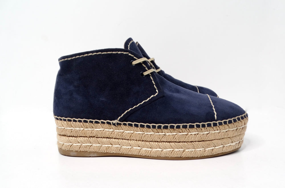 Prada Navy Blue Suede Platform Espadrille Ankle Boots