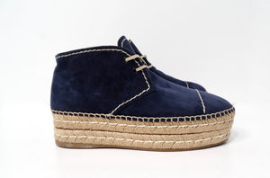 Prada Navy Blue Suede Platform Espadrille Ankle Boots