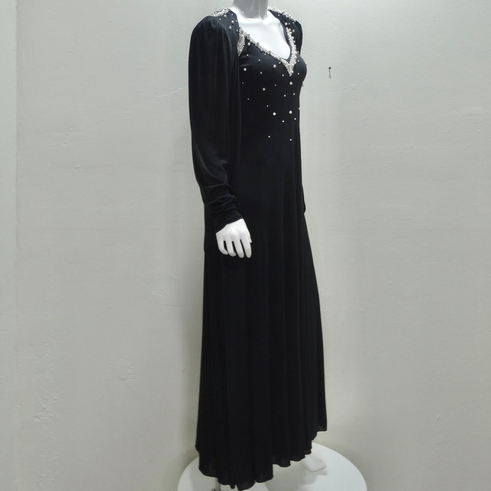 1980s Black Pearl Beaded Maxi Dress and Cardigan Set