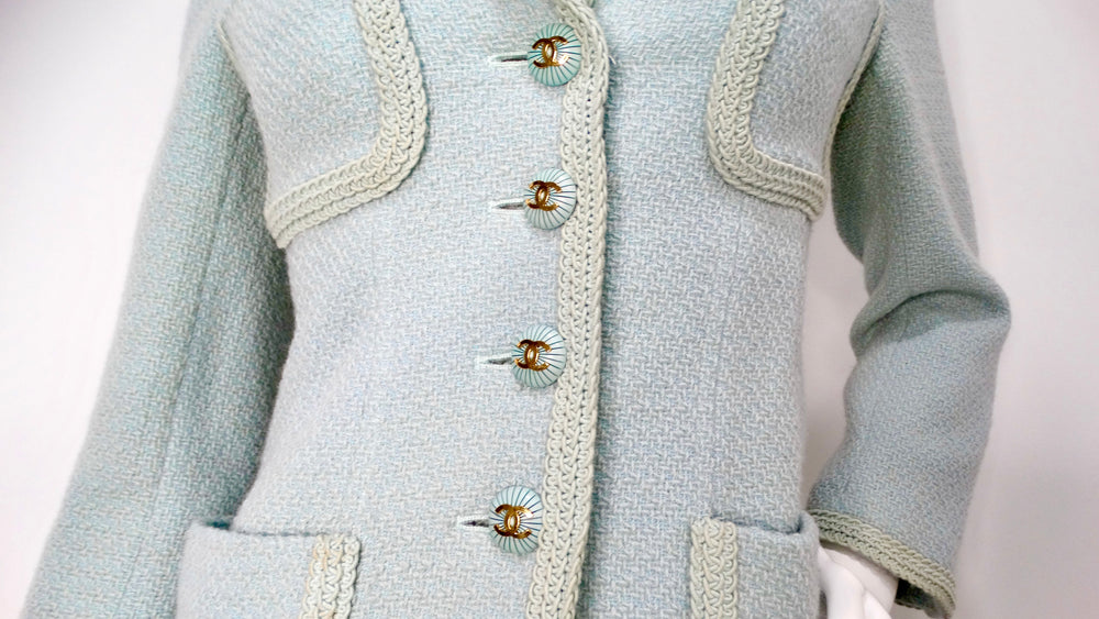 1993 Chanel Mint Pastel Blue Tweed Jacket With Interlocking CC Logo Buttons