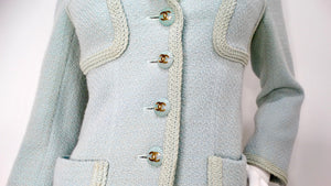 1993 Chanel Mint Pastel Blue Tweed Jacket With Interlocking CC Logo Buttons