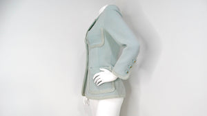 1993 Chanel Mint Pastel Blue Tweed Jacket With Interlocking CC Logo Buttons