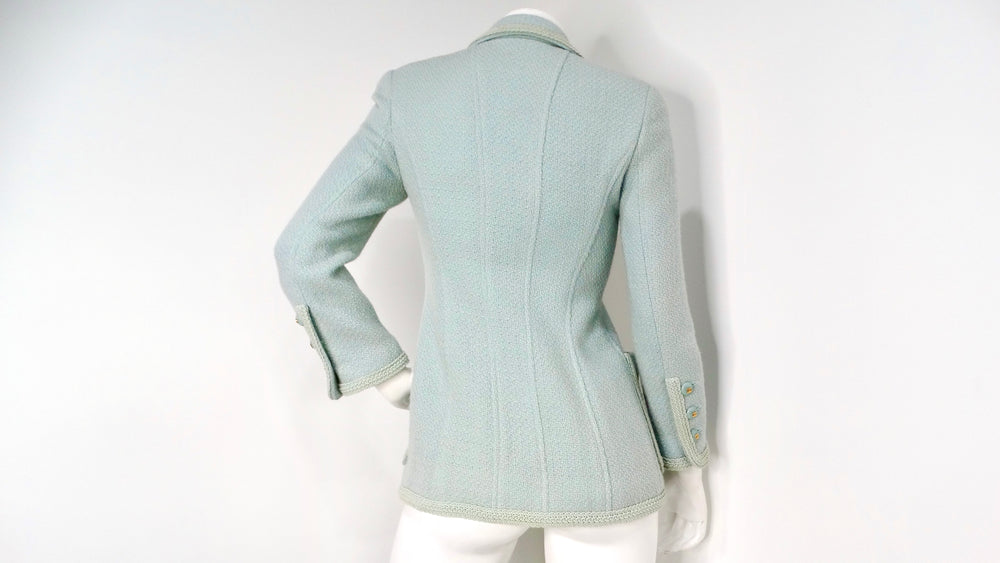 1993 Chanel Mint Pastel Blue Tweed Jacket With Interlocking CC Logo Buttons