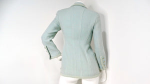 1993 Chanel Mint Pastel Blue Tweed Jacket With Interlocking CC Logo Buttons