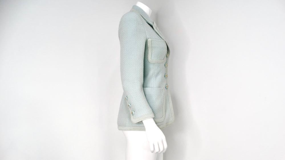 1993 Chanel Mint Pastel Blue Tweed Jacket With Interlocking CC Logo Buttons