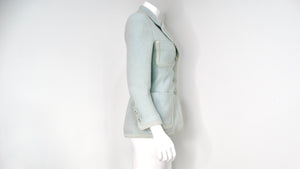 1993 Chanel Mint Pastel Blue Tweed Jacket With Interlocking CC Logo Buttons