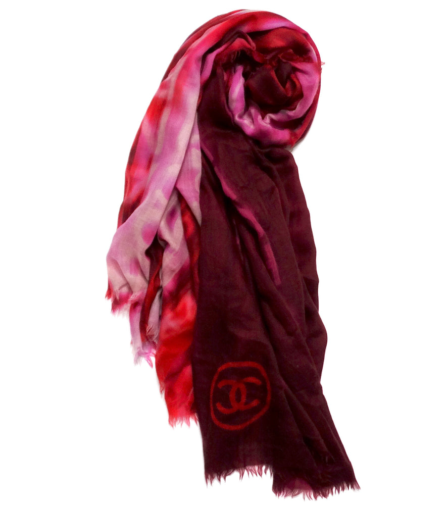 Chanel Large Logo Print Purple & Red Fringe Scarf