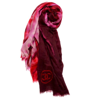Chanel Large Logo Print Purple & Red Fringe Scarf