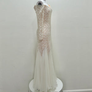 I Magnin Travilla 1980s White Lace Mermaid Bridal Dress