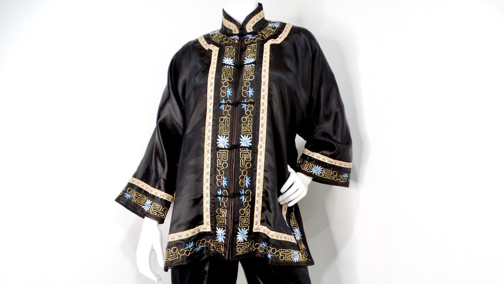 Vintage Chinese Embroidered Black Silk Jacket & Pant Set