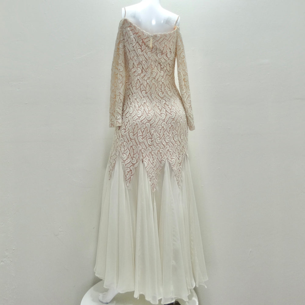 I Magnin Travilla 1980s White Lace Mermaid Bridal Dress