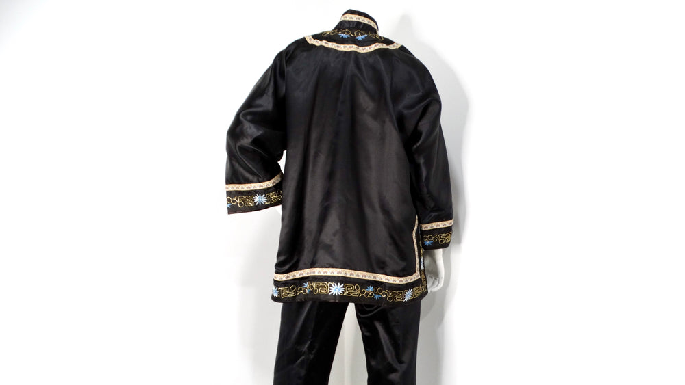 Vintage Chinese Embroidered Black Silk Jacket & Pant Set