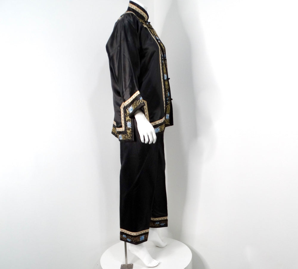 Vintage Chinese Embroidered Black Silk Jacket & Pant Set