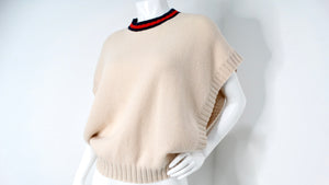 Gucci Beige & Stripe Collar Wool Vest With Embroidered Interlocking GG Logo