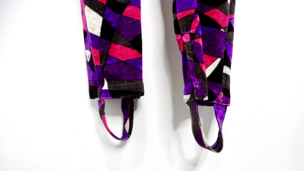 1980s Emilio Pucci Purple Geometric Print Velour High Neck Catsuit