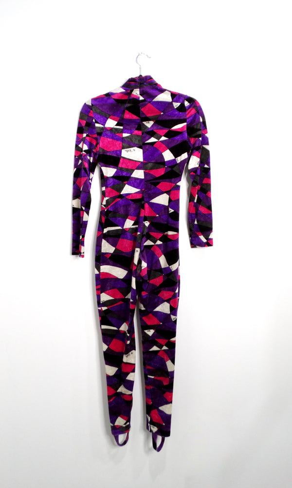 1980s Emilio Pucci Purple Geometric Print Velour High Neck Catsuit