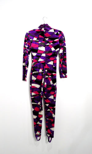 1980s Emilio Pucci Purple Geometric Print Velour High Neck Catsuit