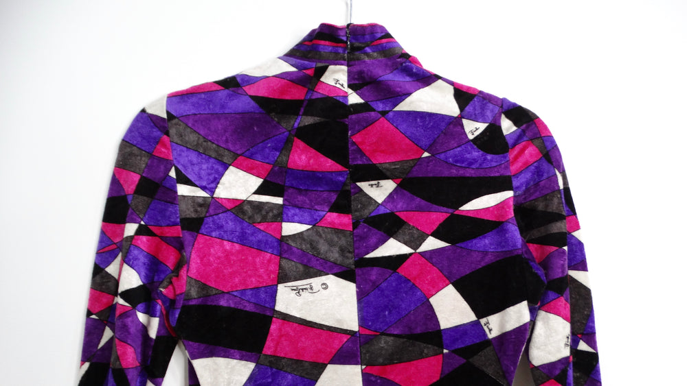 1980s Emilio Pucci Purple Geometric Print Velour High Neck Catsuit