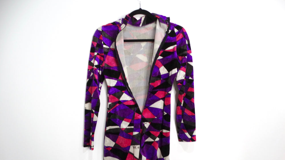 1980s Emilio Pucci Purple Geometric Print Velour High Neck Catsuit