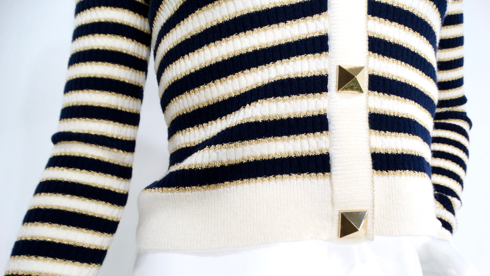 Valentino Navy, Cream & Gold Lurex Striped Rockstud Button Cropped Cardigan