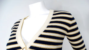 Valentino Navy, Cream & Gold Lurex Striped Rockstud Button Cropped Cardigan