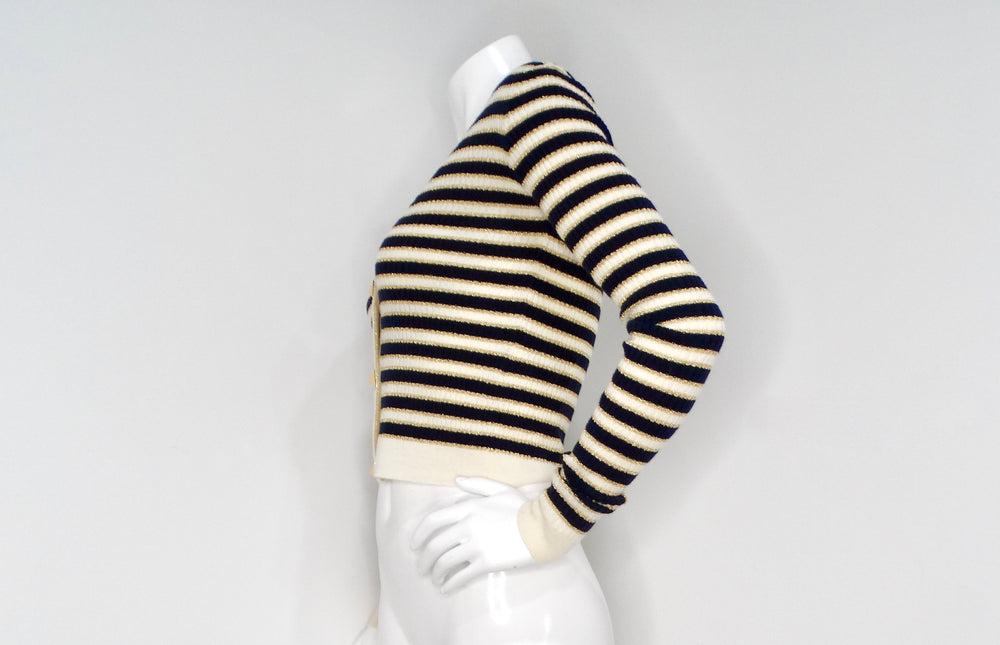 Valentino Navy, Cream & Gold Lurex Striped Rockstud Button Cropped Cardigan