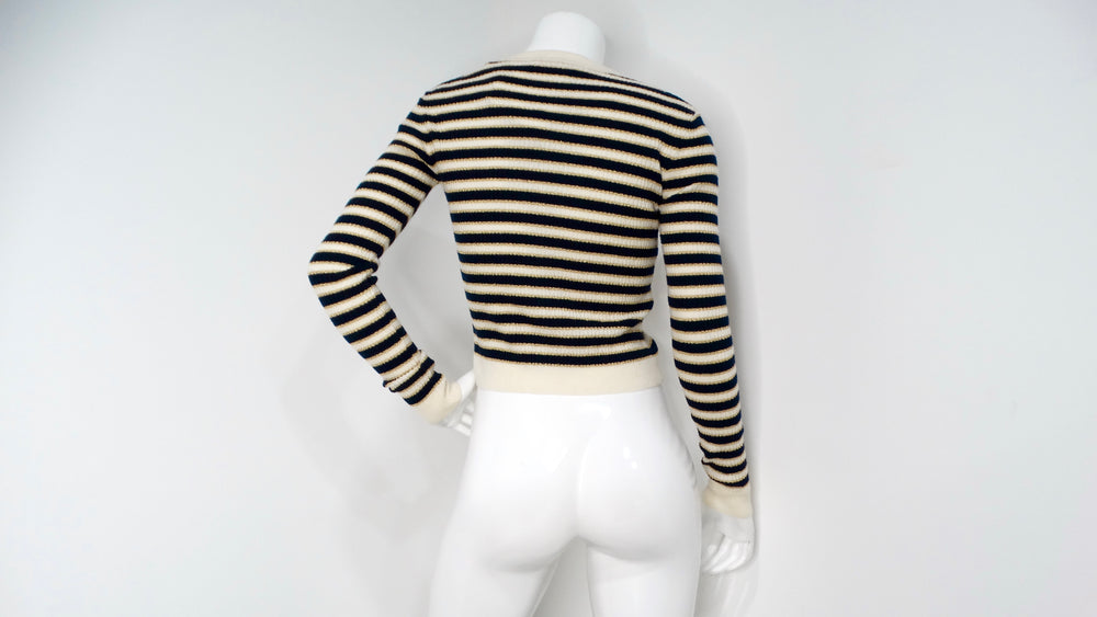 Valentino Navy, Cream & Gold Lurex Striped Rockstud Button Cropped Cardigan