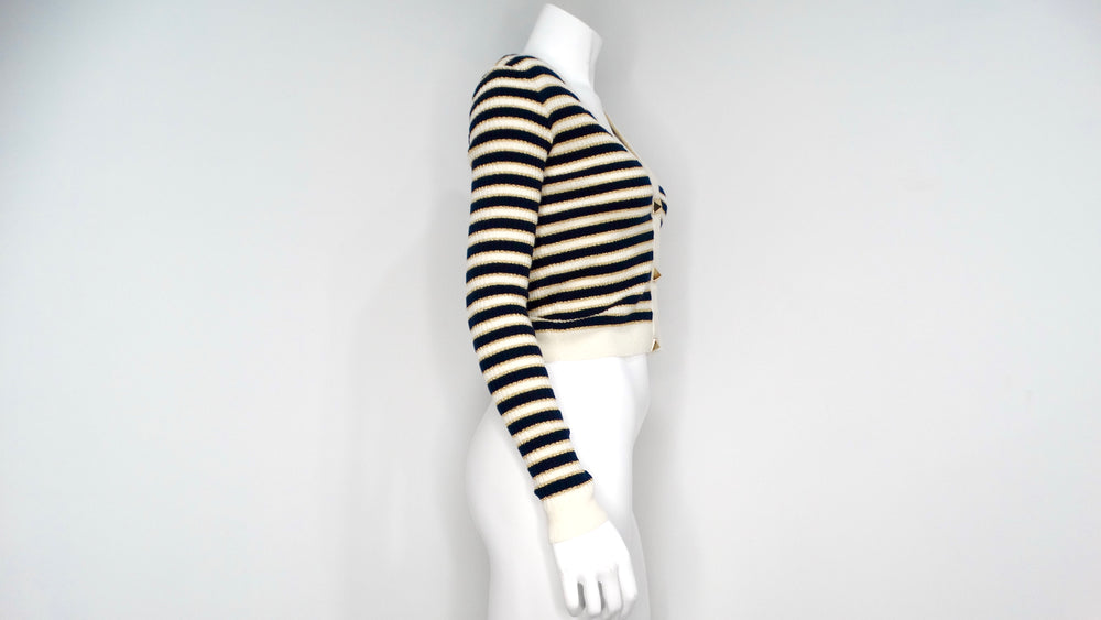 Valentino Navy, Cream & Gold Lurex Striped Rockstud Button Cropped Cardigan