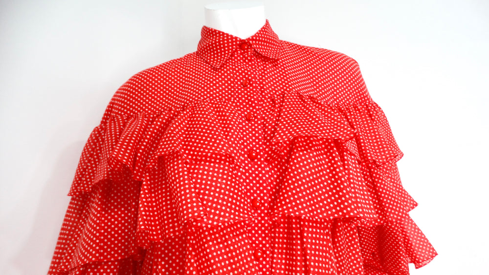 1970s Nina Ricci Orange-Red Polka Dot Tiered Ruffle Blouse