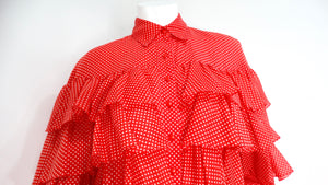 1970s Nina Ricci Orange-Red Polka Dot Tiered Ruffle Blouse