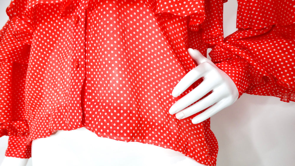 1970s Nina Ricci Orange-Red Polka Dot Tiered Ruffle Blouse