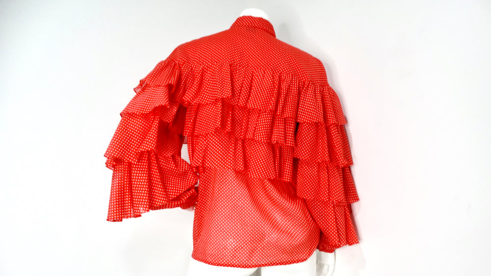 1970s Nina Ricci Orange-Red Polka Dot Tiered Ruffle Blouse