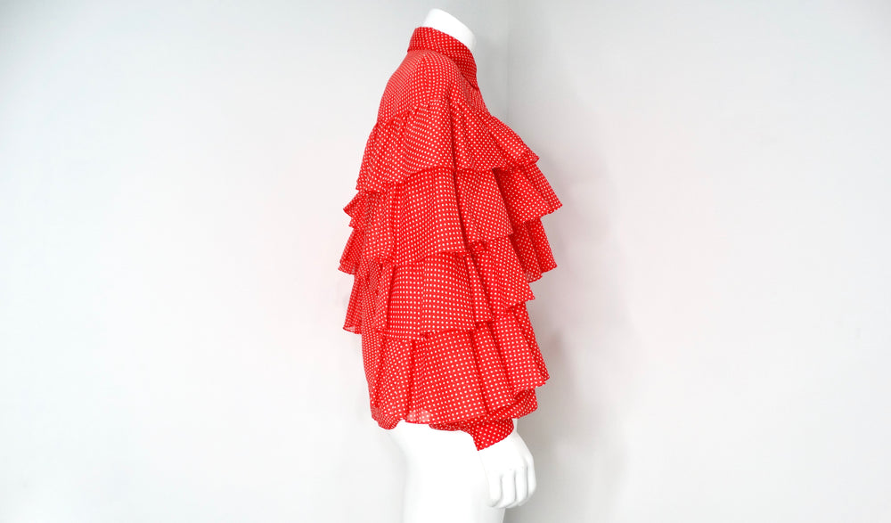 1970s Nina Ricci Orange-Red Polka Dot Tiered Ruffle Blouse