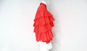 1970s Nina Ricci Orange-Red Polka Dot Tiered Ruffle Blouse