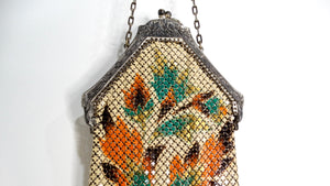 1920s Mandalian Enameled Flower Print & Silver Chain Metal Mesh Bag