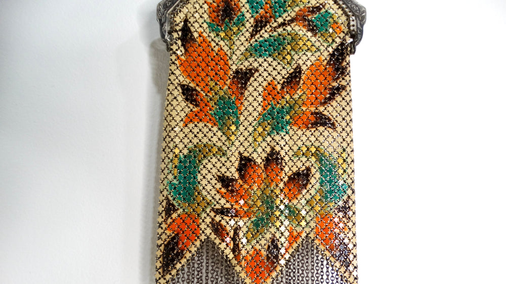 1920s Mandalian Enameled Flower Print & Silver Chain Metal Mesh Bag