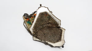 1920s Mandalian Enameled Flower Print & Silver Chain Metal Mesh Bag